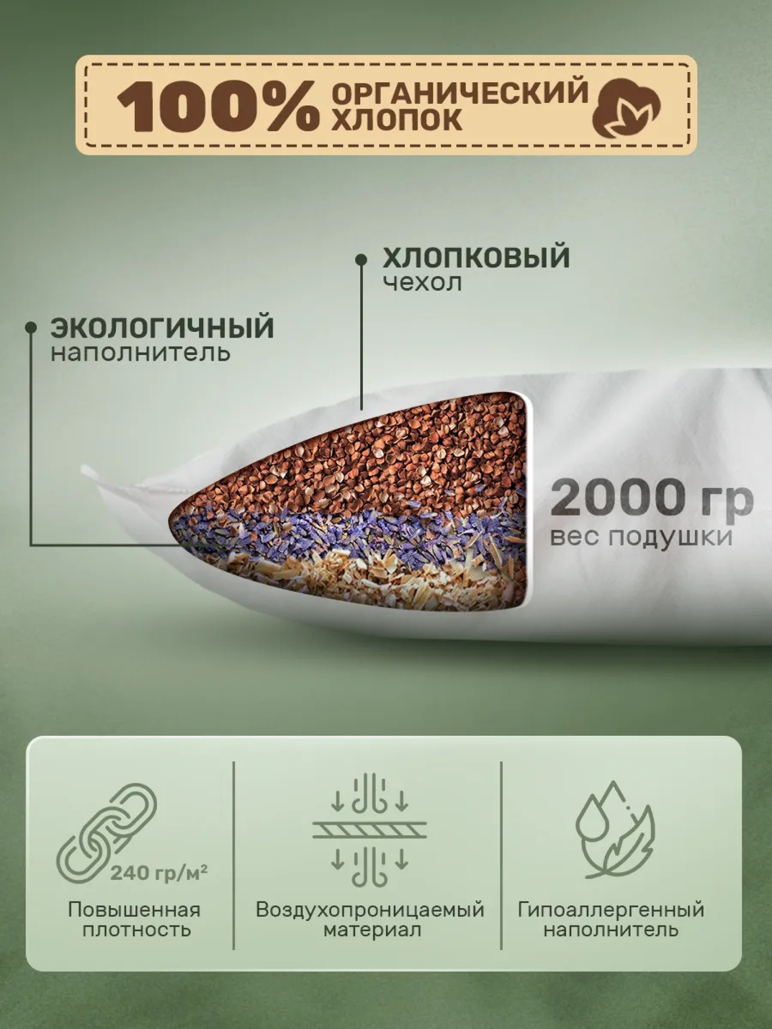 Подушка для сна LunaPlus Гречневая ПЛМ-40х60 (хлопок с лавандой и можжевельником) — фото 4