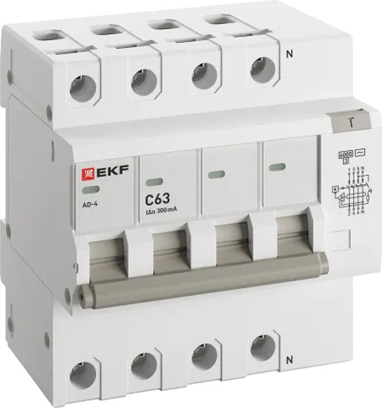 Дифференциальный автомат EKF АД-4 4P 63А х-ка C 300мА тип АС / DA4-6-63-300-pro