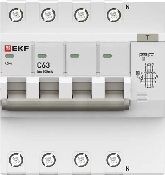 Дифференциальный автомат EKF АД-4 4P 63А х-ка C 300мА тип АС / DA4-6-63-300-pro — фото 3