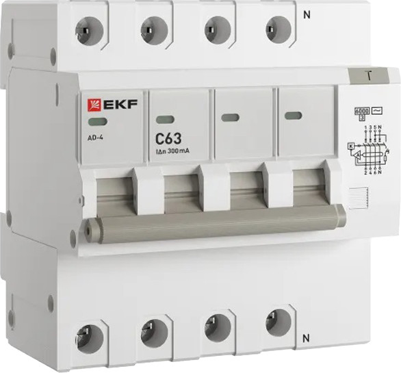Дифференциальный автомат EKF АД-4 4P 63А х-ка C 300мА тип АС / DA4-6-63-300-pro — фото 2