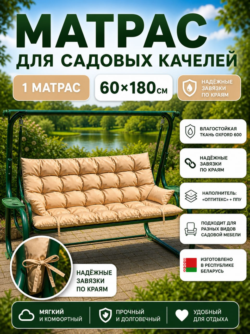 Матрас для садовой мебели Angellini 60x180 / 1смд005, (бежевый)