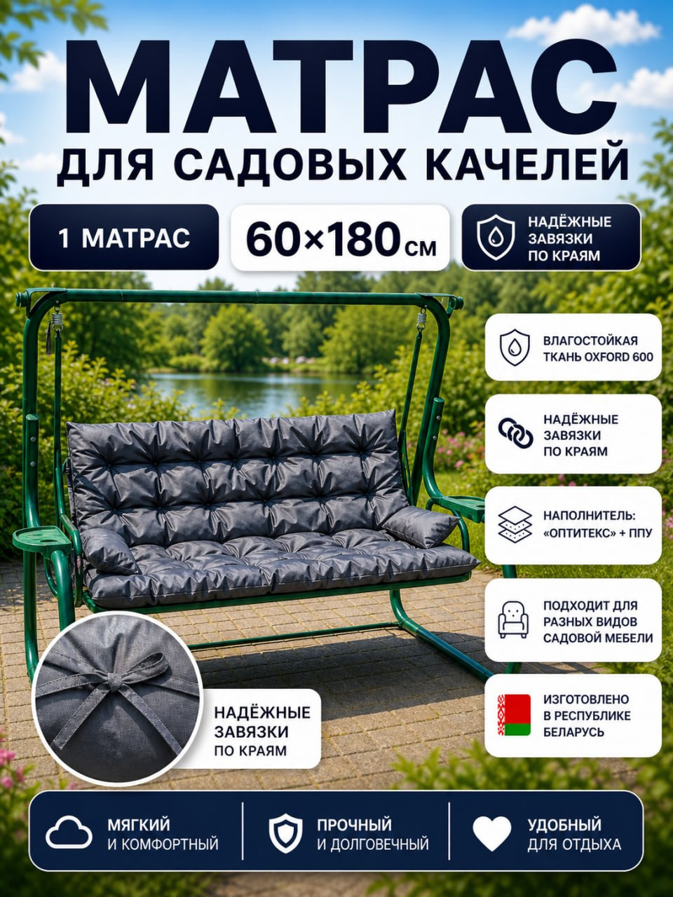 Матрас для садовой мебели Angellini 60x180 / 1смд005 (серый)