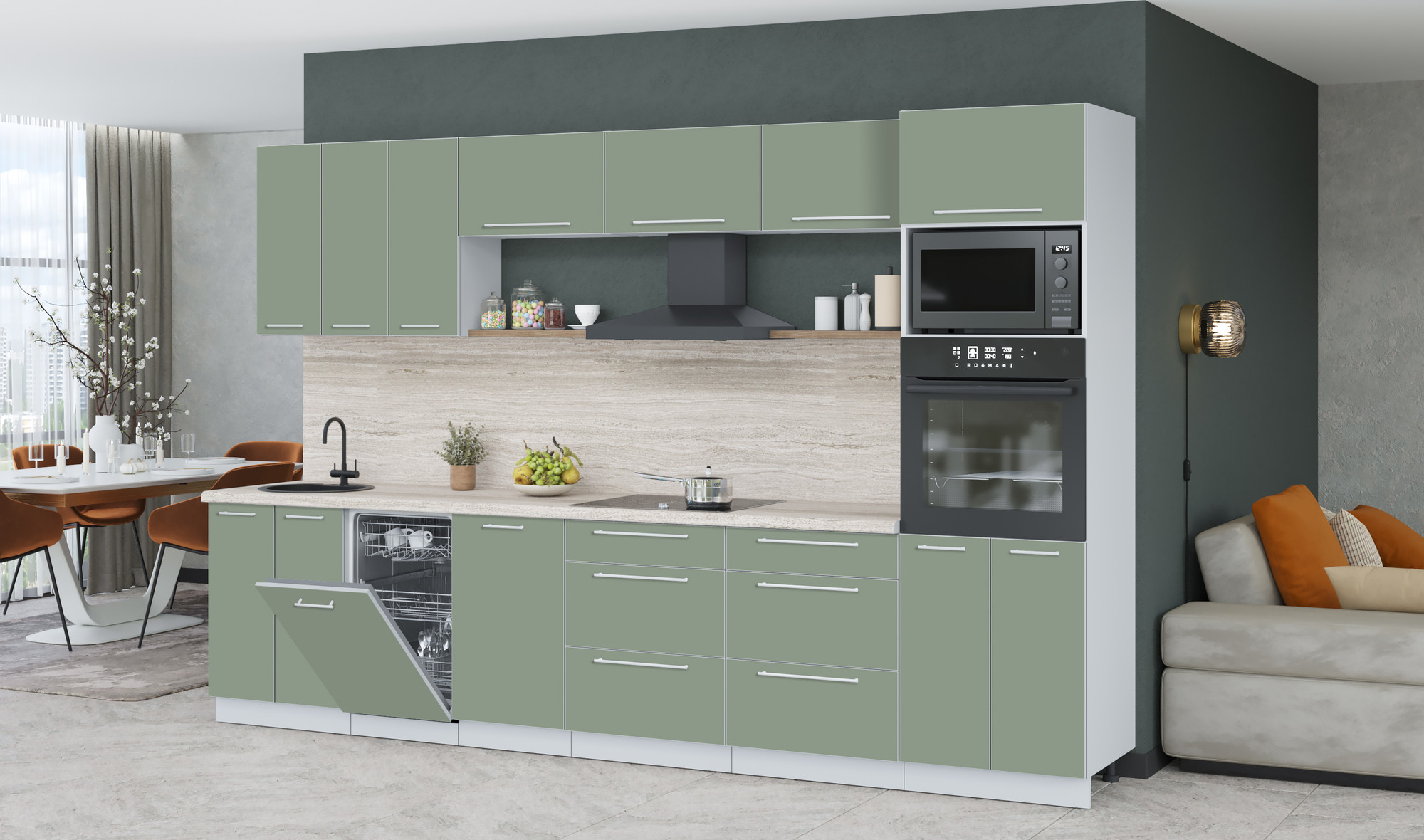 Кухонный гарнитур Interline Пластик 3.3-ПМ3 (полынь/полынь/травертин серый) — фото 3