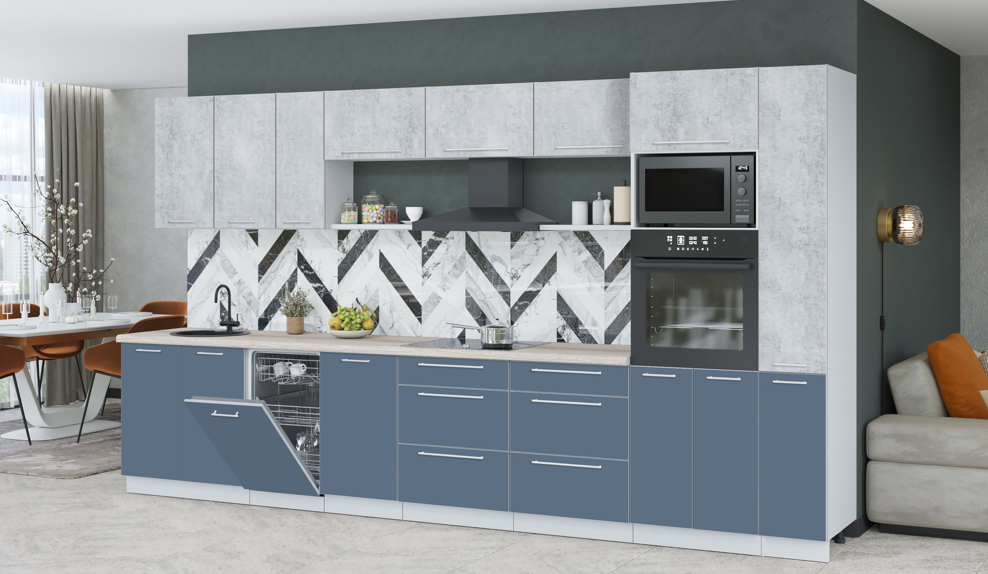 Кухонный гарнитур Interline Пластик 3.8-ПМ3 (арктический/оксид светлый/травертин серый) — фото 3