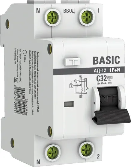 Дифференциальный автомат EKF Basic АД-12 1P+N 32А 30мА АС C / DA12-32-30-bas