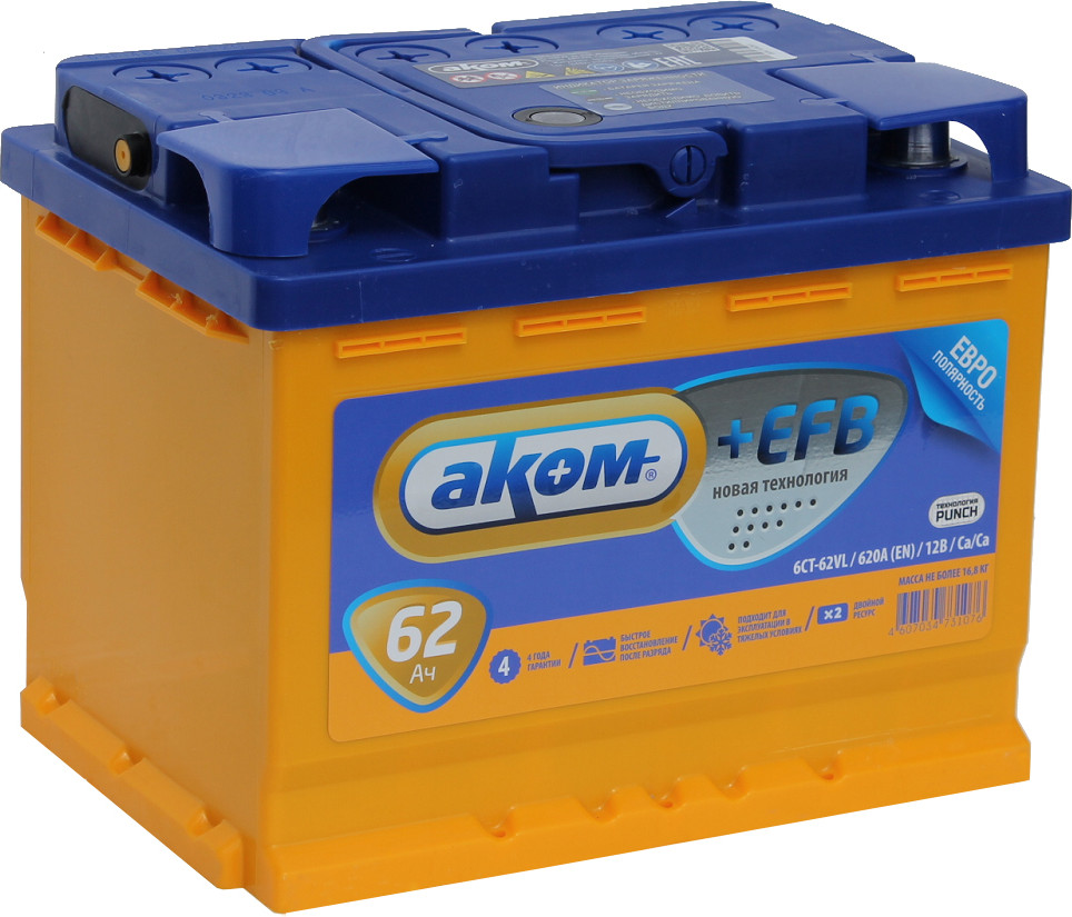 Автомобильный аккумулятор AKOM 6СТ-62 Евро EFB (62 А/ч) — фото 2