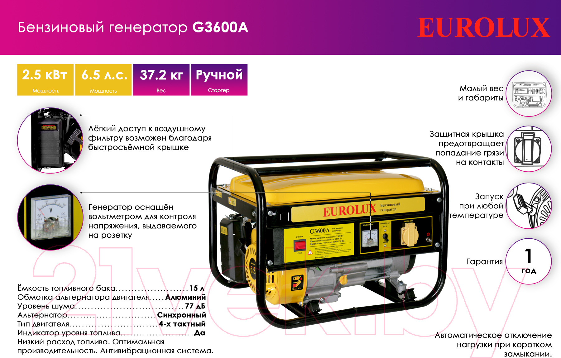 Бензиновый генератор EUROLUX G3600A (64/1/37) — фото 6
