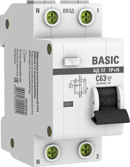 Дифференциальный автомат EKF Basic АД-12 1P+N 63А 30мА АС C / DA12-63-30-bas