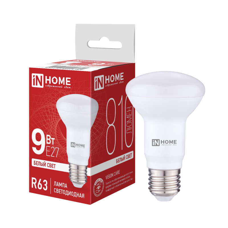 Лампа INhome LED-R63-VC 9Вт 230В Е27 4000К 810Лм / 4690612024325