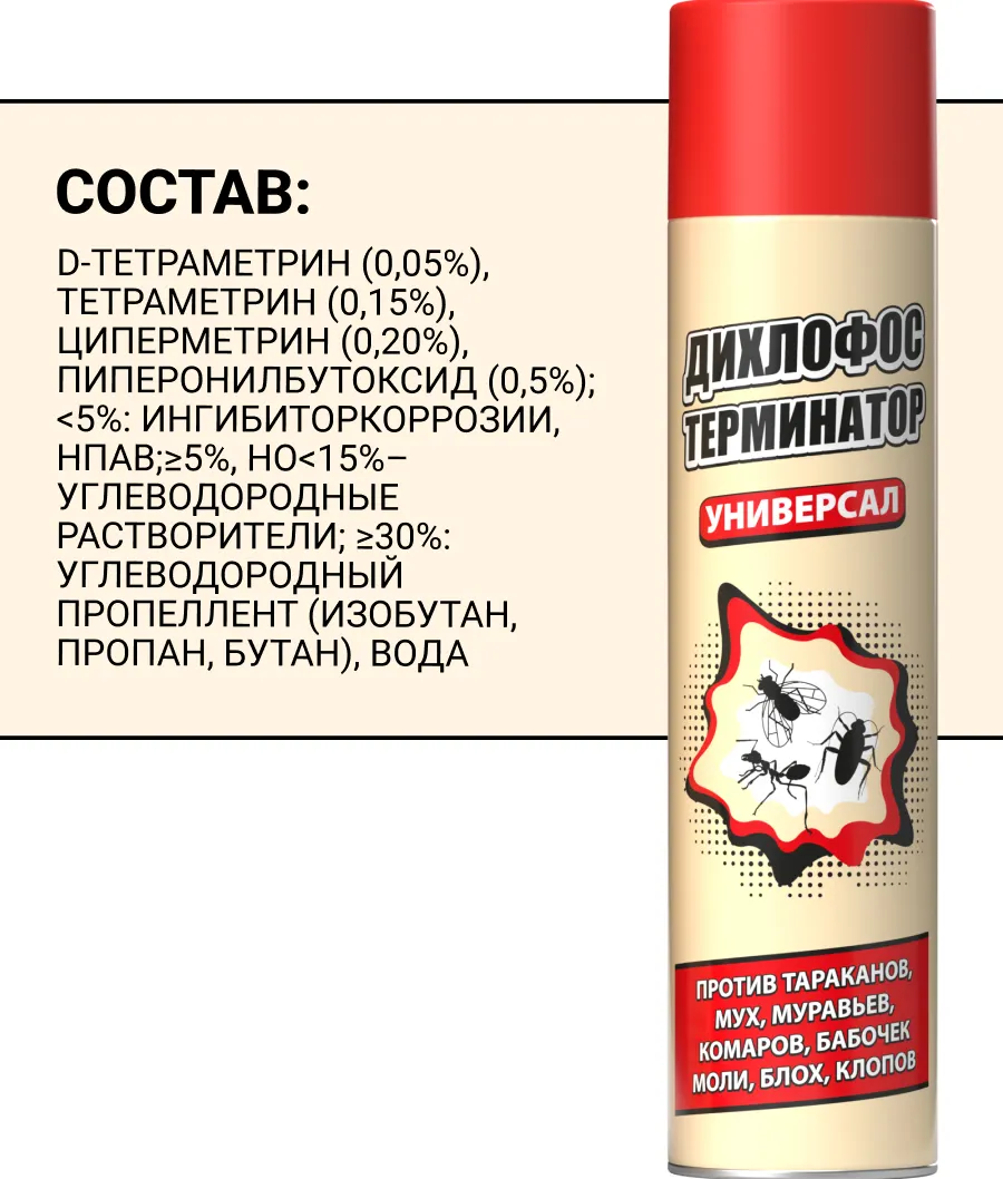 Аэрозоль от насекомых Дихлофос Терминатор от летающих и ползающих насекомых (600мл) — фото 10