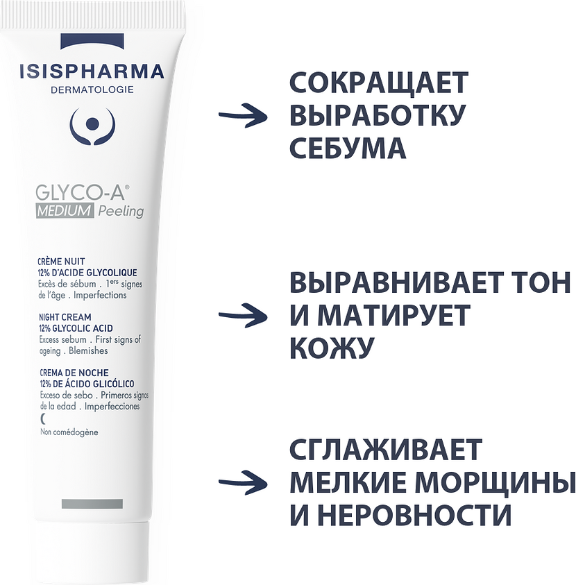 Крем для лица ISISPHARMA Glico-A Medium Peeling ночной с 12% гликолевой кислотой (30мл) — фото 3