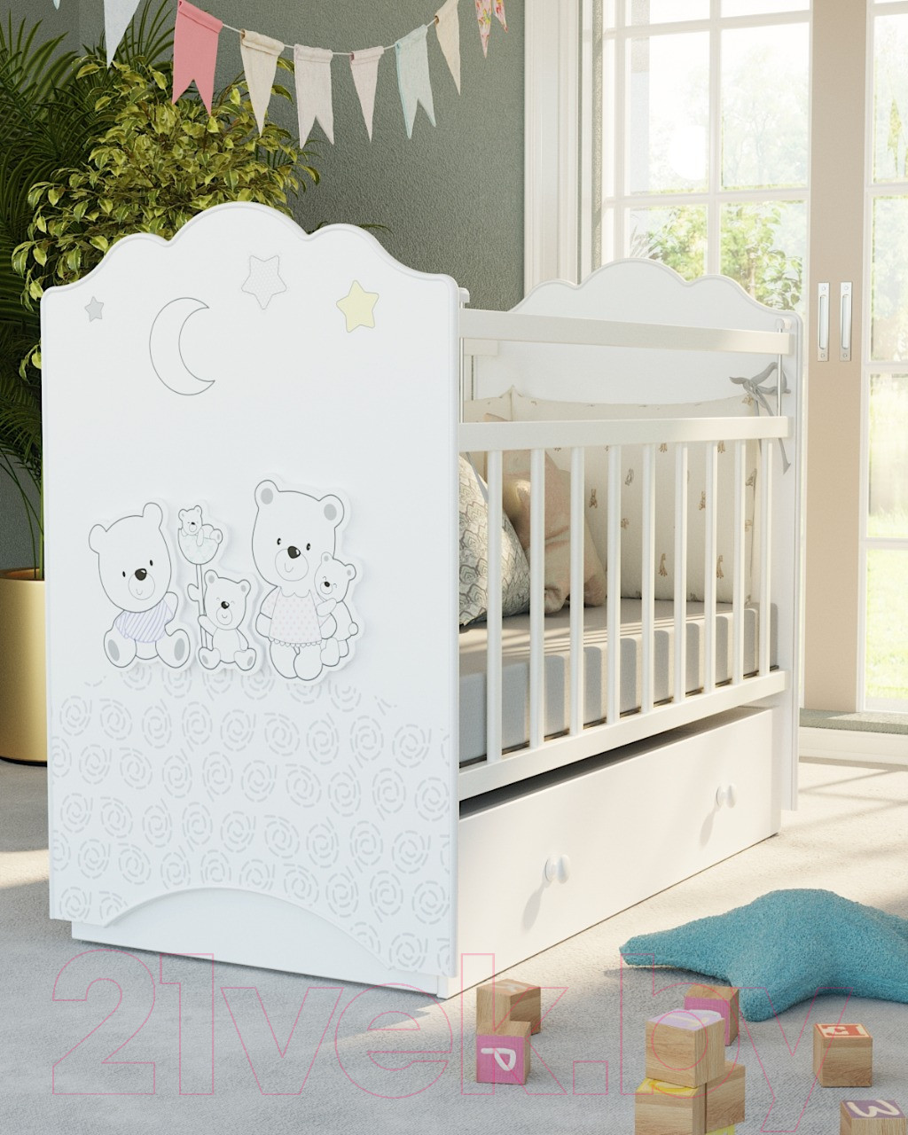 Детская кроватка VDK New Happy Family маятник и ящик (белый) — фото 2