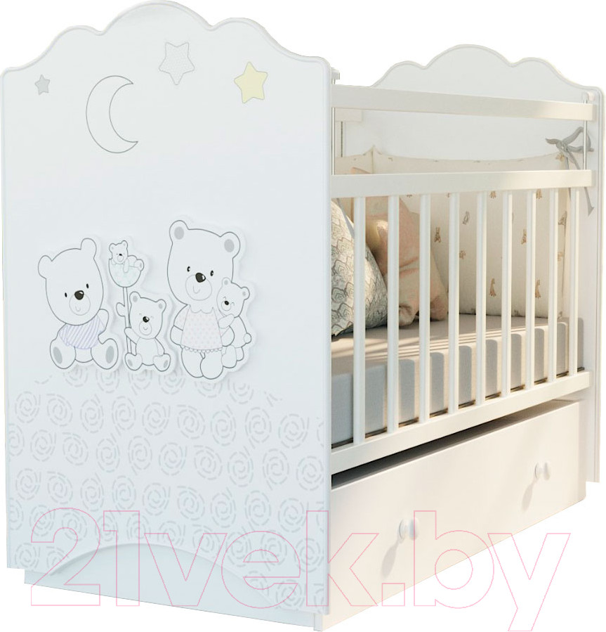 Детская кроватка VDK New Happy Family маятник и ящик (белый)
