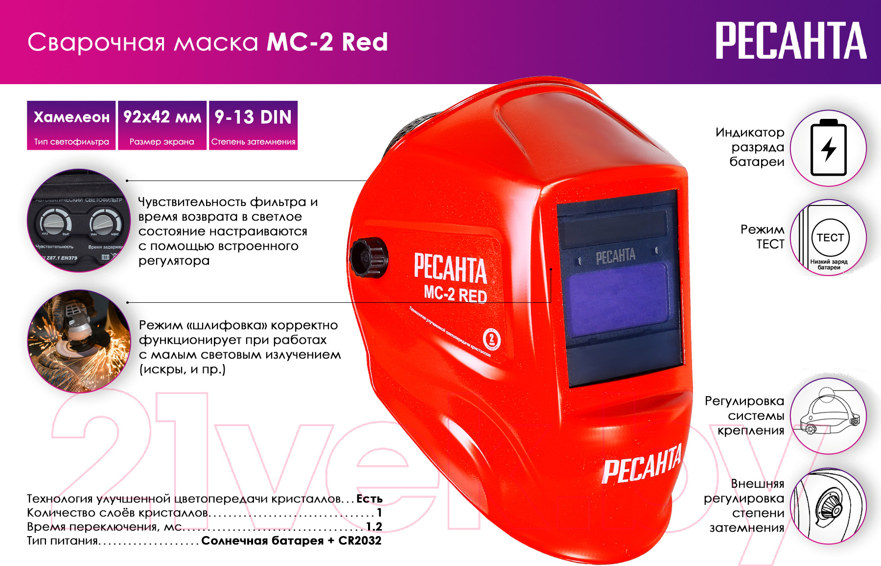 Сварочная маска Ресанта МС-2 Red (65/117) — фото 6