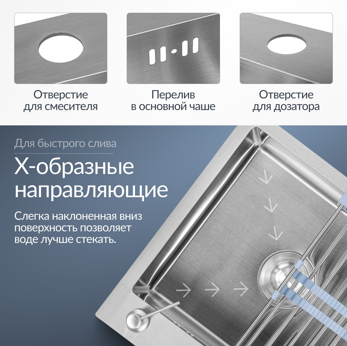 Мойка кухонная Saniteco 4848 (с сифоном, дозатором и коландером) — фото 2