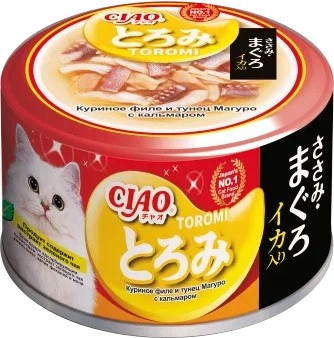 Влажный корм для кошек Inaba Toromi Филе курицы, тунец и кальмар в бульоне (80г)