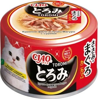 Влажный корм для кошек Inaba Toromi Филе курицы, тунец и сурими в бульоне (80г)