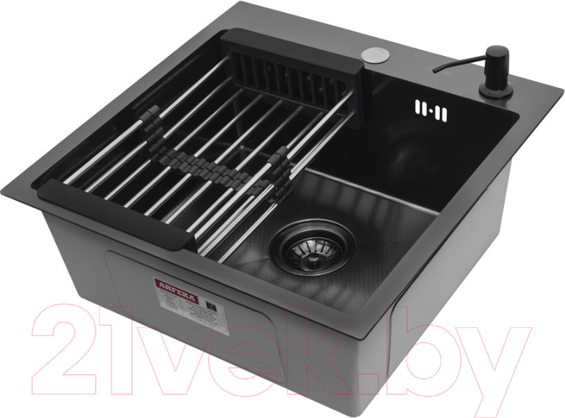 Мойка кухонная Arfeka Eco AR 50x50 + CL AR + DS AR (Black Decor PVD Nano, с дозатором и коландером) — фото 2