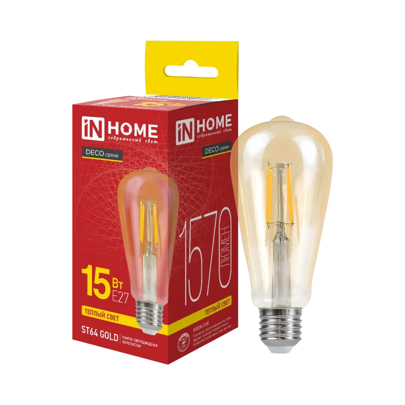 Лампа INhome LED-ST64-deco Gold 15Вт 230В Е27 3000К 1570Лм / 4690612050843