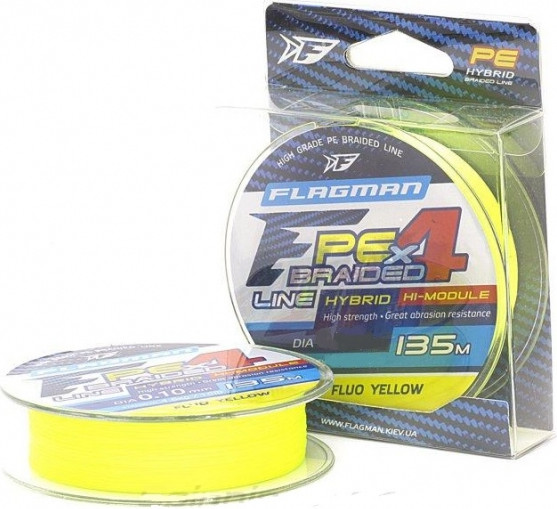 Леска плетеная Flagman Fishing PE Hybrid F4 135m FluoYellow 0.10мм 4.6кг/10lb / 27135-010 — фото 2