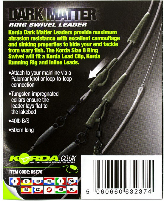 Поводок рыболовный Korda Dark Matter Leader №8 Ring Swivel 50см Clear 40lb / KSZ70 — фото 2