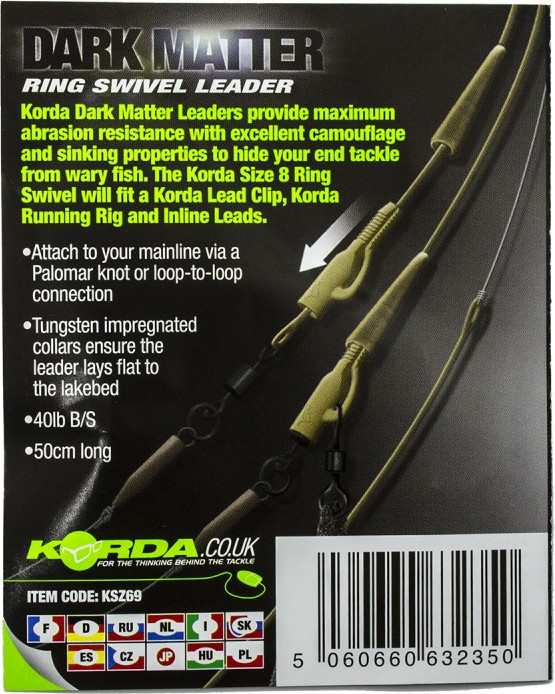 Поводок рыболовный Korda Dark Matter Leader №8 Ring Swivel 50см Gravel 40lb / KSZ69 — фото 3