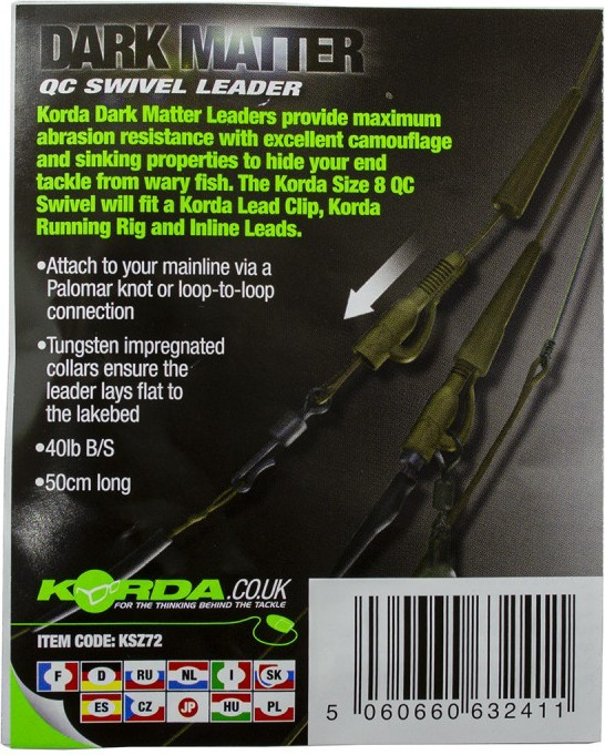 Поводок рыболовный Korda Dark Matter Leader QC Swivel 50см Gravel 40lb / KSZ72 — фото 3