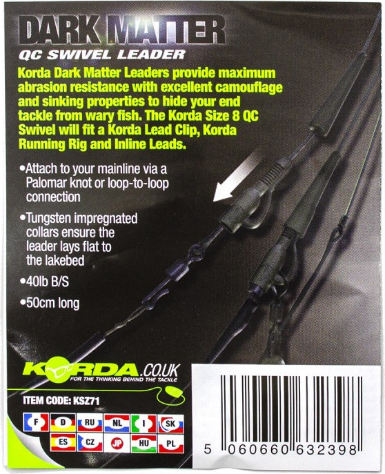 Поводок рыболовный Korda Dark Matter Leader QC Swivel 50см Weed 40lb / KSZ71 — фото 3