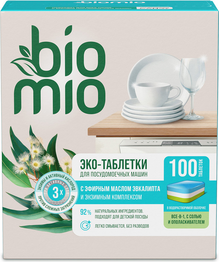 Таблетки для посудомоечных машин BioMio All-in-One с эфирным маслом эвкалипта (100шт)