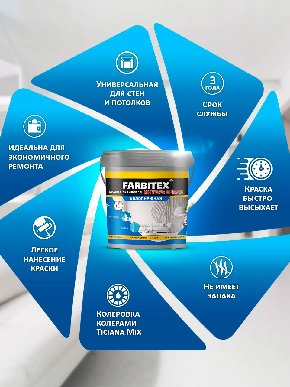 Краска Farbitex Интерьерная белоснежная (6кг) — фото 2