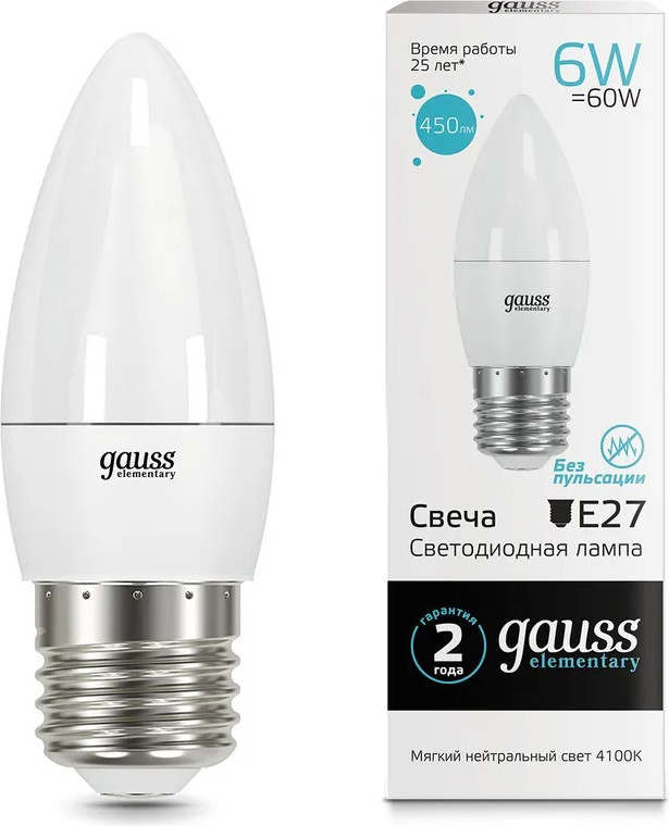 Лампа Gauss Elementary Свеча 6W 450lm 4100K Е27 / 33226