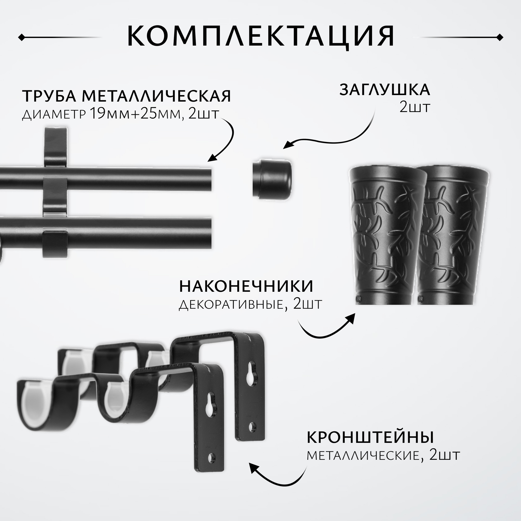 Карниз для штор Sundays Home Лайт Византия 25мм+19мм двухрядный (черный матовый, 2м) — фото 2