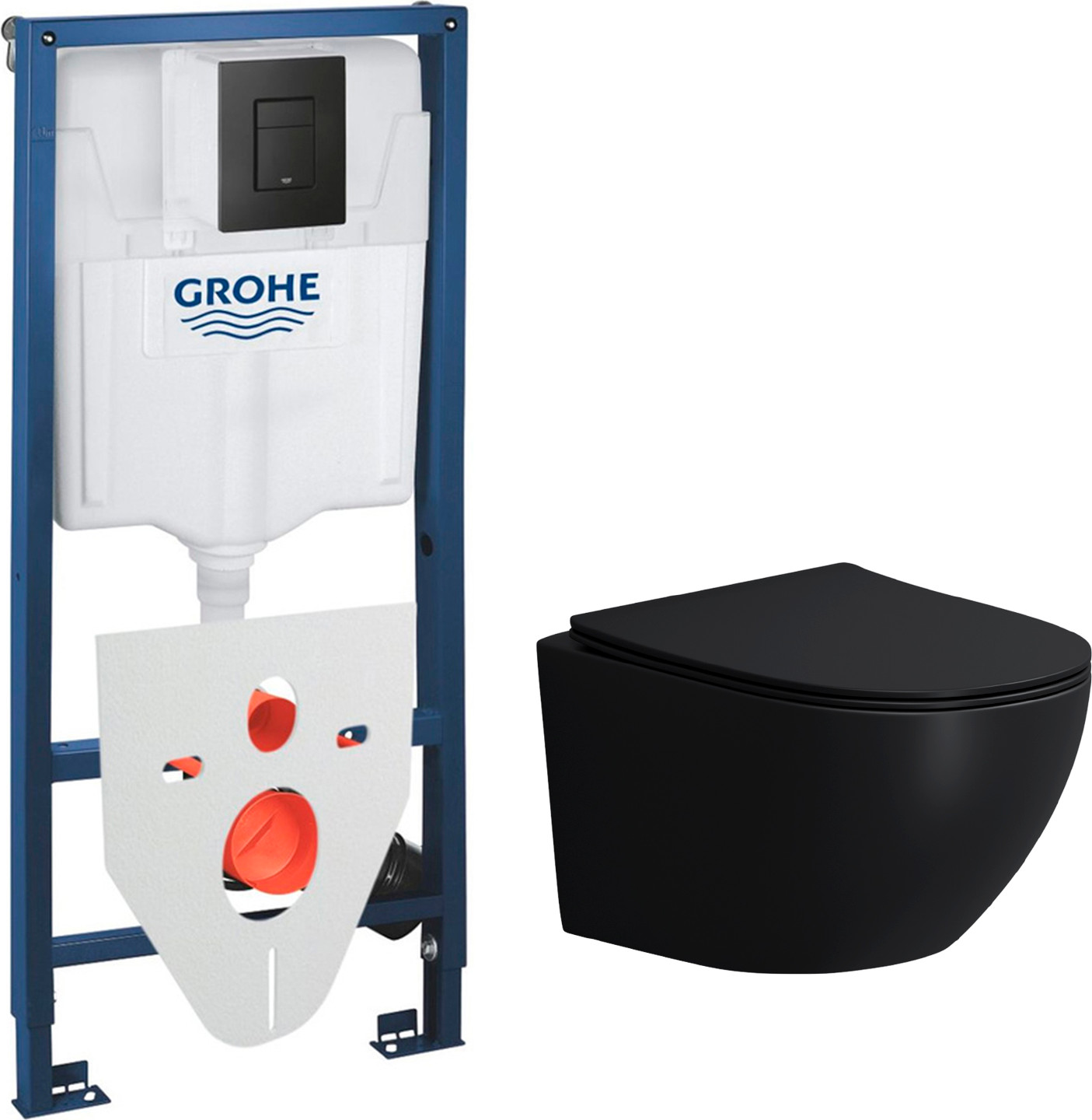 Унитаз подвесной с инсталляцией Lauter Sulzdorf + GROHE Solido 38811KF0 + панель GROHE 37131000 (черный с микролифтом)