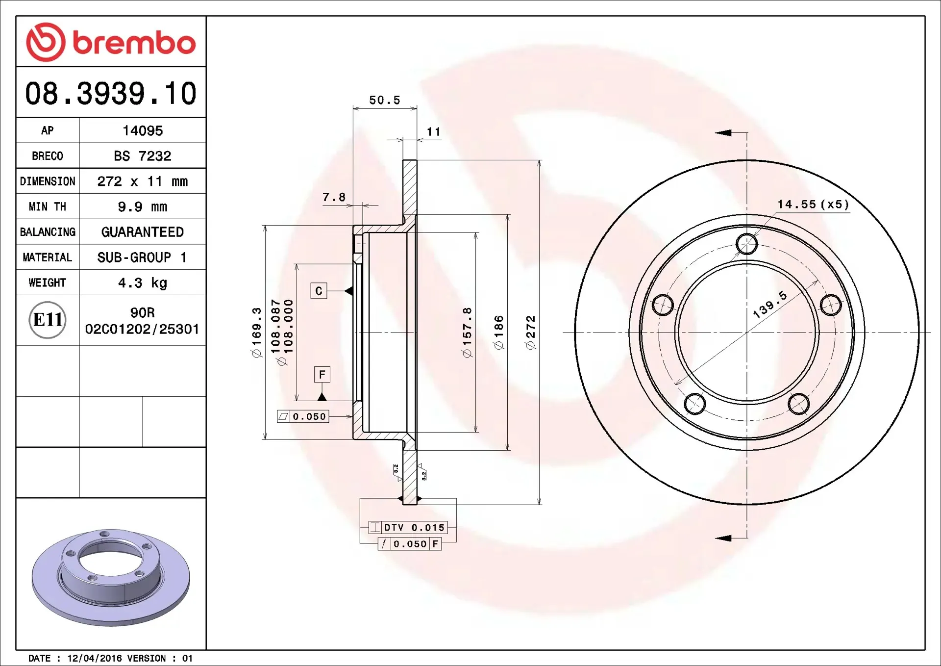 Тормозной диск Brembo 08393910 — фото 4