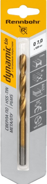 Сверло Rennbohr 7.0х109мм Dinamic-TIN Р9М3 / 667070
