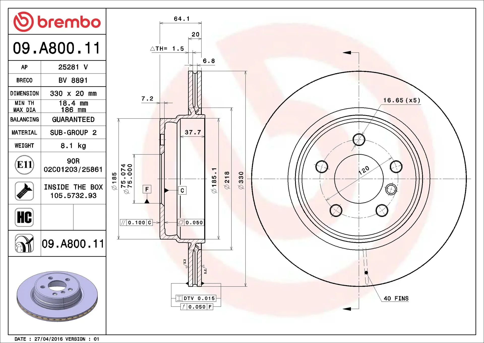 Тормозной диск Brembo 09.A800.11 — фото 4