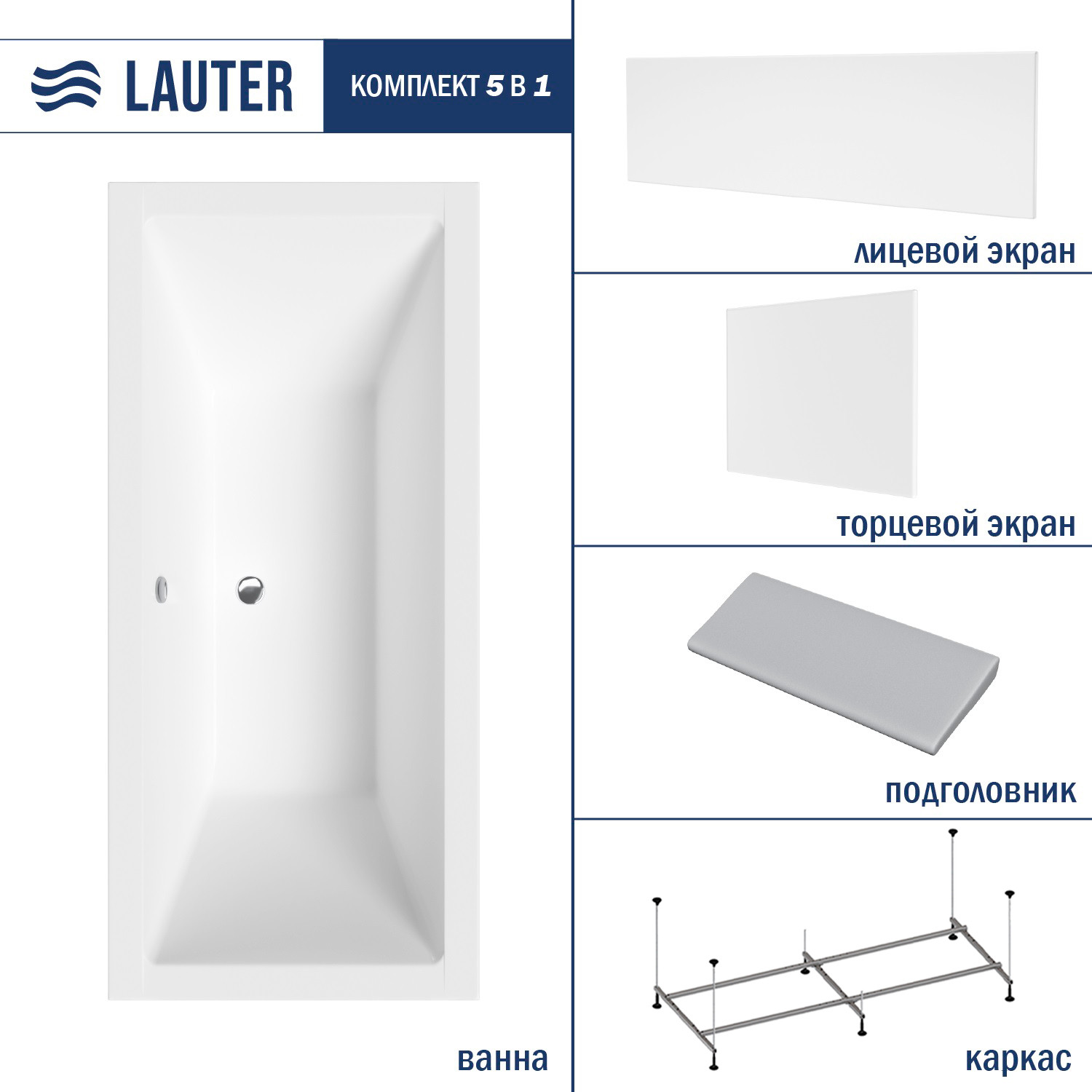 Ванна акриловая Lauter Oasis 155 / 21203055 (с каркасом, серым подголов., белым лиц. и торц. экраном) — фото 2