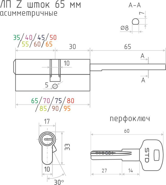 Цилиндровый механизм замка Нора-М STD Z ЛП-75 45х30 шток 65мм (хром, хедер) — фото 3