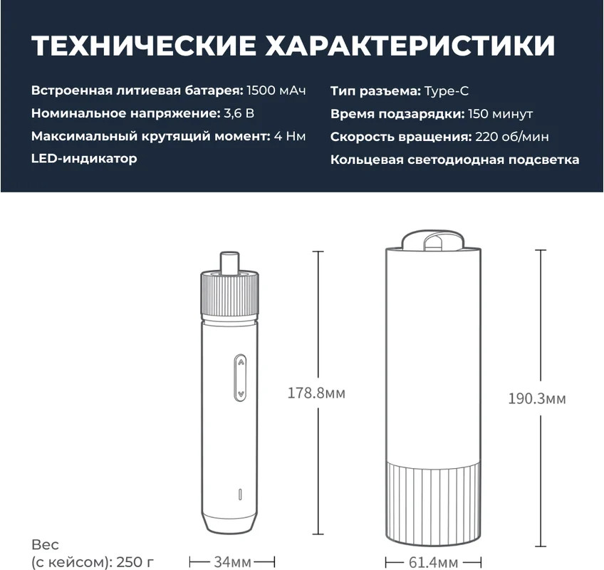 Электроотвертка HOTO Straight Handle Electric Screwdriver QWLSD001 / HTE0001GL (синий) — фото 6