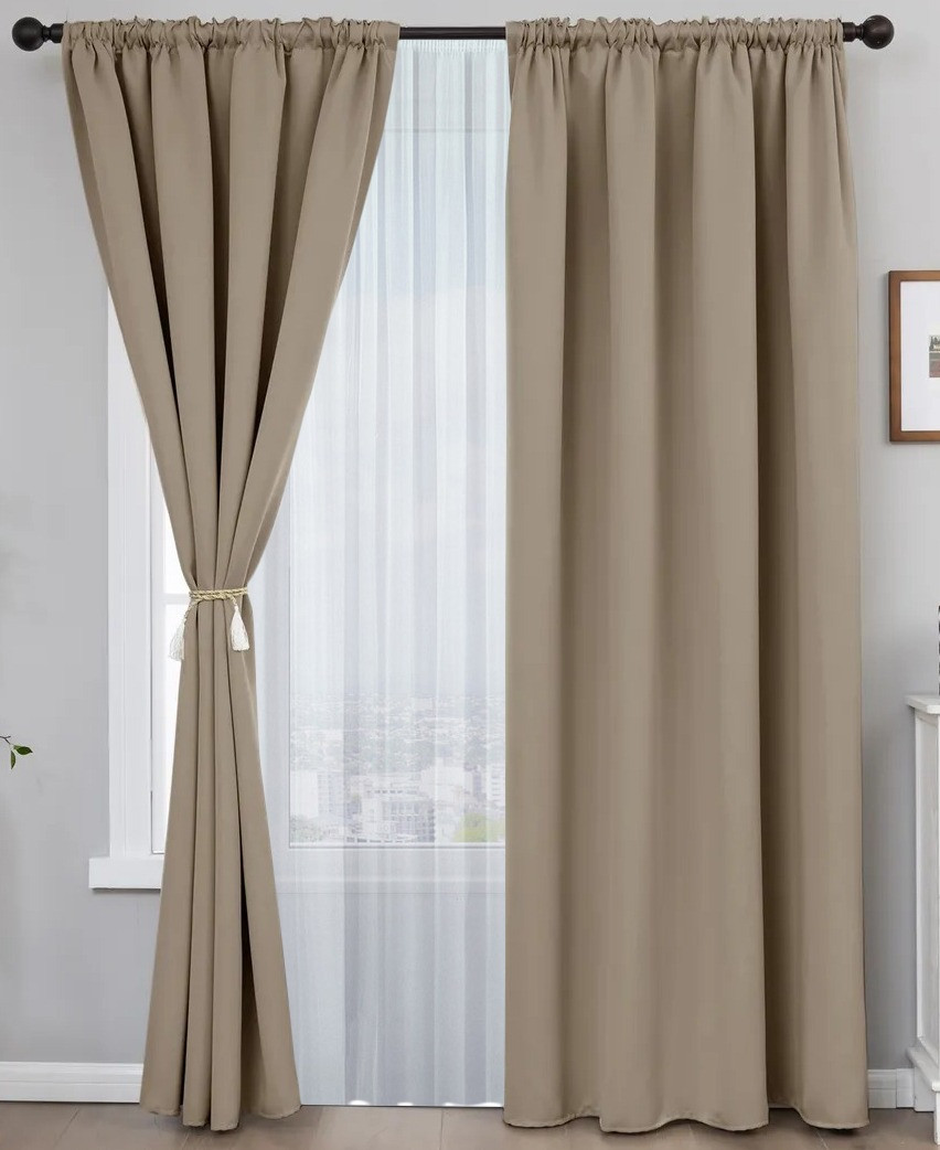 Комплект штор Mio Tesoro Блэкаут 150x260 + Гардина Soft Lines 306 400x270 (песочный, белый лен) — фото 4