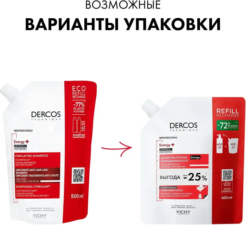 Шампунь для волос Vichy Dercos против выпадения волос для объема и укрепления (400мл, сменный блок) — фото 3