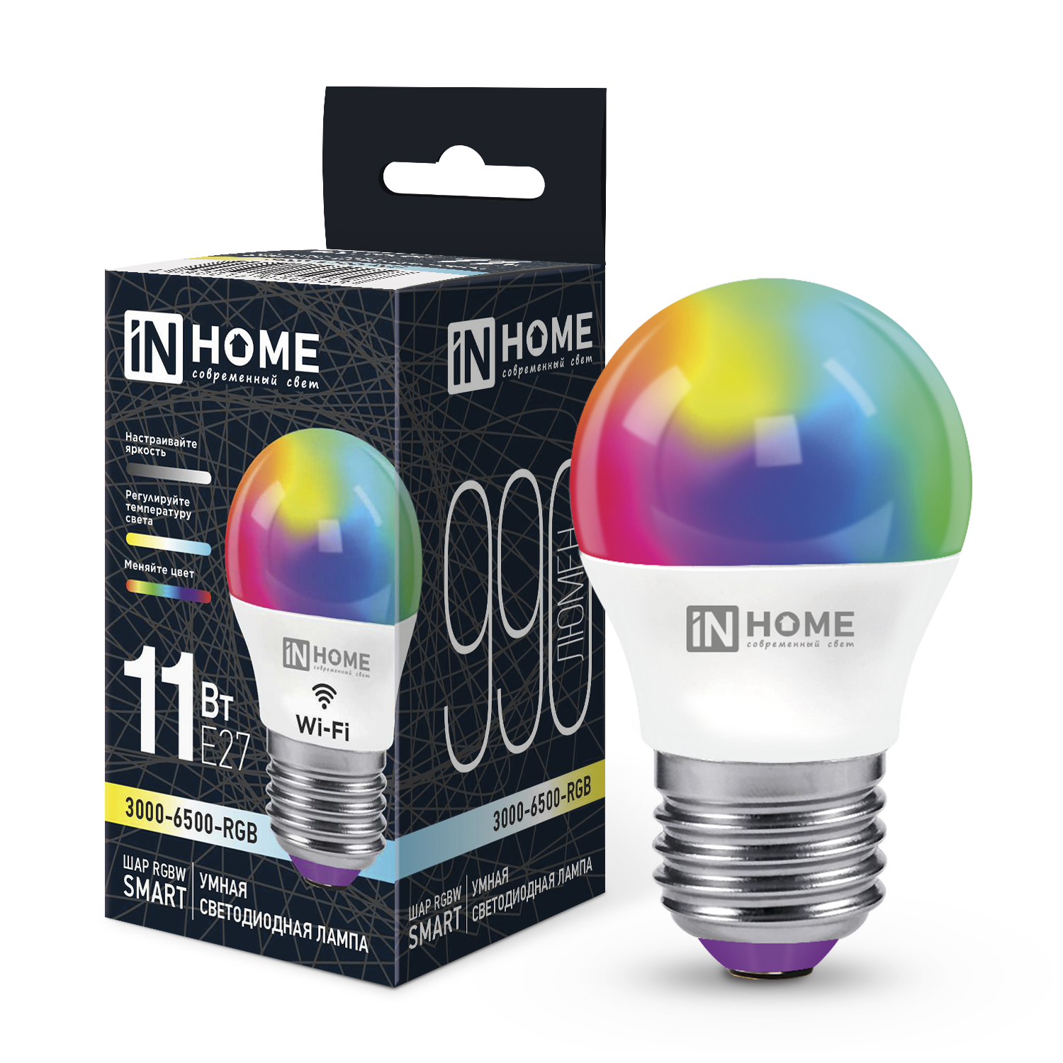 Лампа INhome LED-ШАР-RGBW-SMART 11Вт 230В Wi-Fi Е27 RGB-3000-6500К 990Лм (4690612050058)