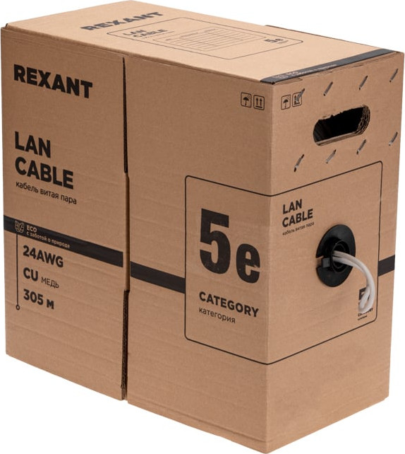Кабель Rexant U/UTP CAT 5e PE 4PR 24AWG / 01-0045-R (305м, черный) — фото 1
