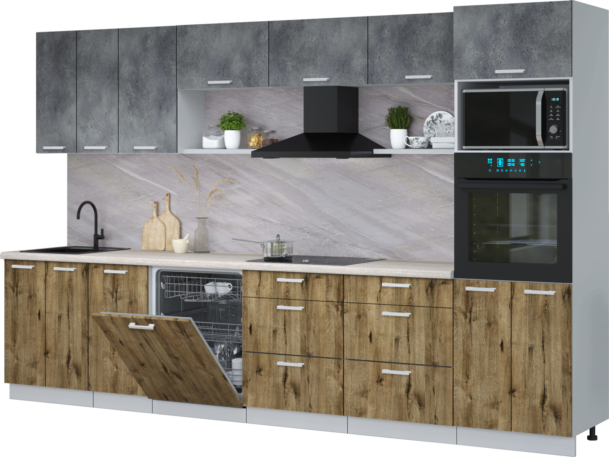 Кухонный гарнитур Interline Мила Лайт 3.4-ПМ1-2 (бетон портленд/дуб веллингтон/травертин серый)