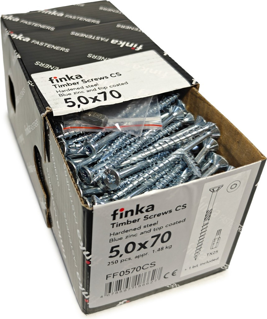 Шуруп Finka Timber Screws CS Конструкционный по дереву TORX25 5x70 потай (250шт, голубой цинк) — фото 2