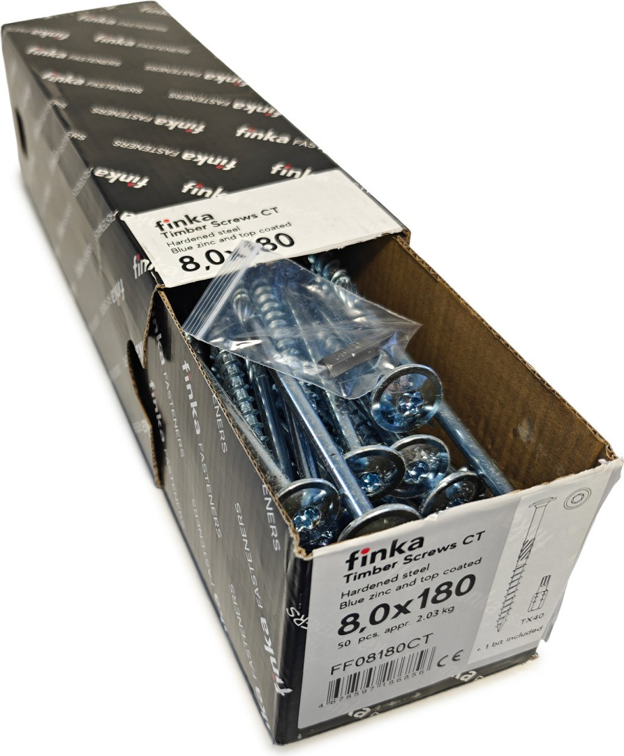 Шуруп Finka Timber Screws CT Конструкционный по дереву TORX40 8x180 тарелка (50шт, голубой цинк) — фото 2