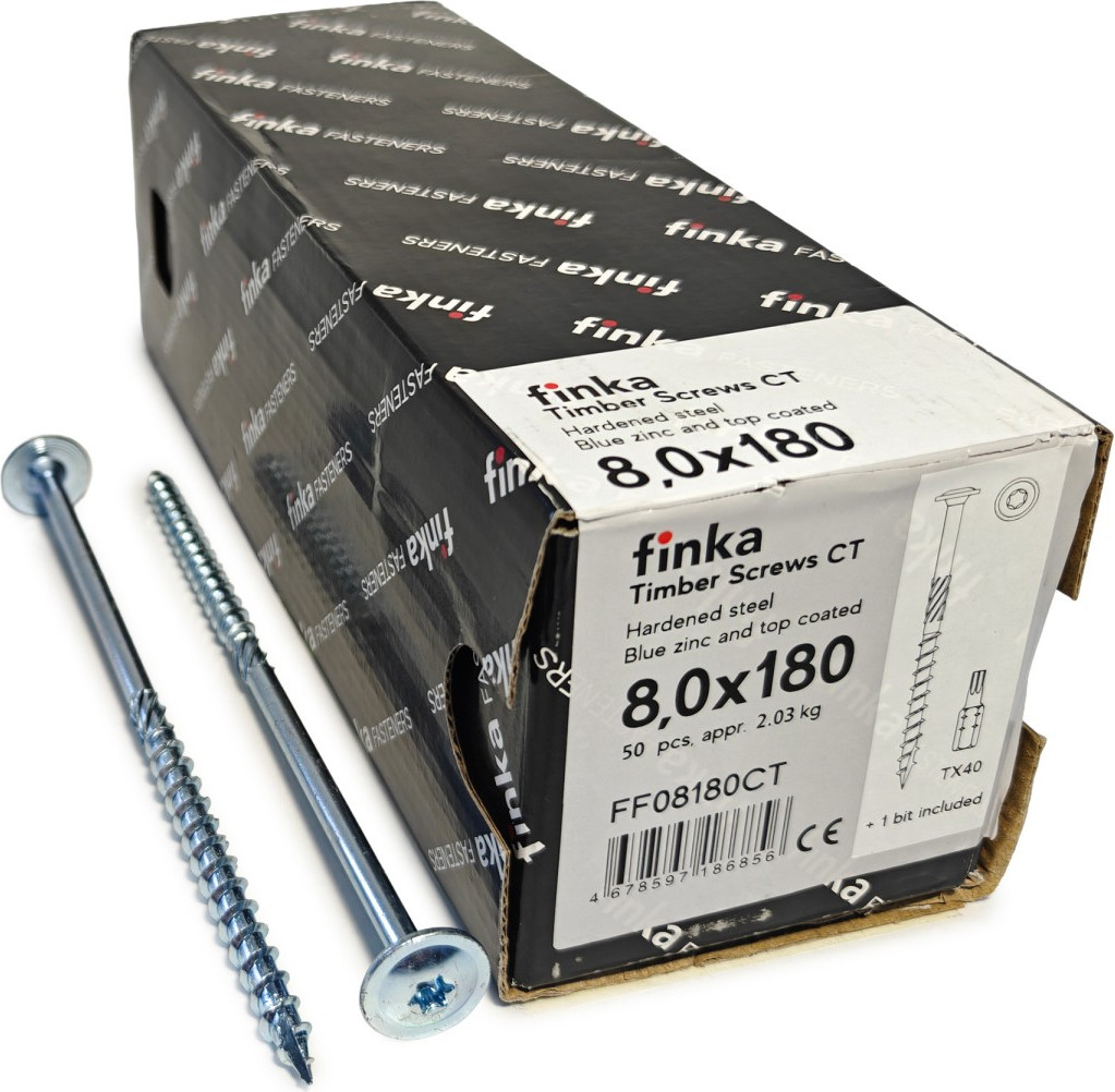 Шуруп Finka Timber Screws CT Конструкционный по дереву TORX40 8x180 тарелка (50шт, голубой цинк)