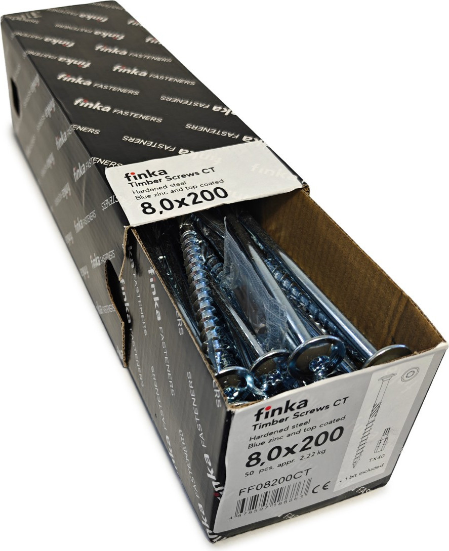 Шуруп Finka Timber Screws CT Конструкционный по дереву TORX40 8x200 тарелка (50шт, голубой цинк) — фото 2