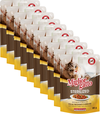 Влажный корм для кошек Miglior Sterilized Кусочки в соусе курица, индейка, овощи (10х85г)