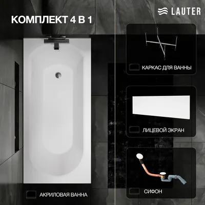 Ванна акриловая Lauter Haven 150 /21202005 (с каркасом, лицевым экраном белого цвета и сифоном 21Y11022 белый)